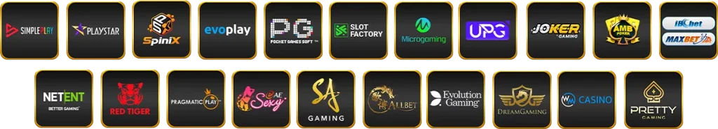 รวมโลโก้ค่ายเกมคาสิโนของ tga64 เช่น PG SLOT, JOKER, SA Gaming, Evolution, Microgaming และค่ายดังอื่น ๆ